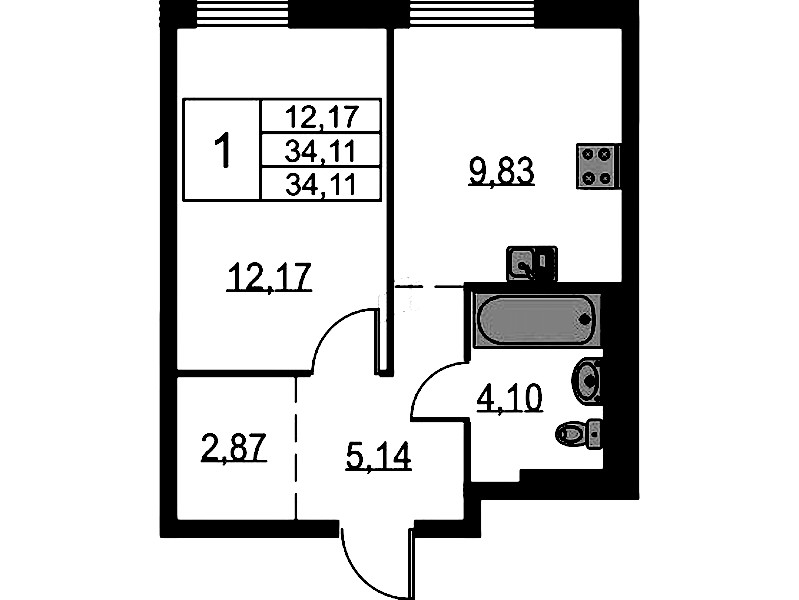 1-комнатная квартира 34.11 м², 1/17 эт., ЖК «Невская Долина»